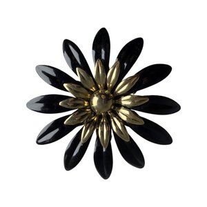 Vintage Sarah Coventry Black Daisy Flower Brooch Pin Gold Tone Accent 3" Gothic